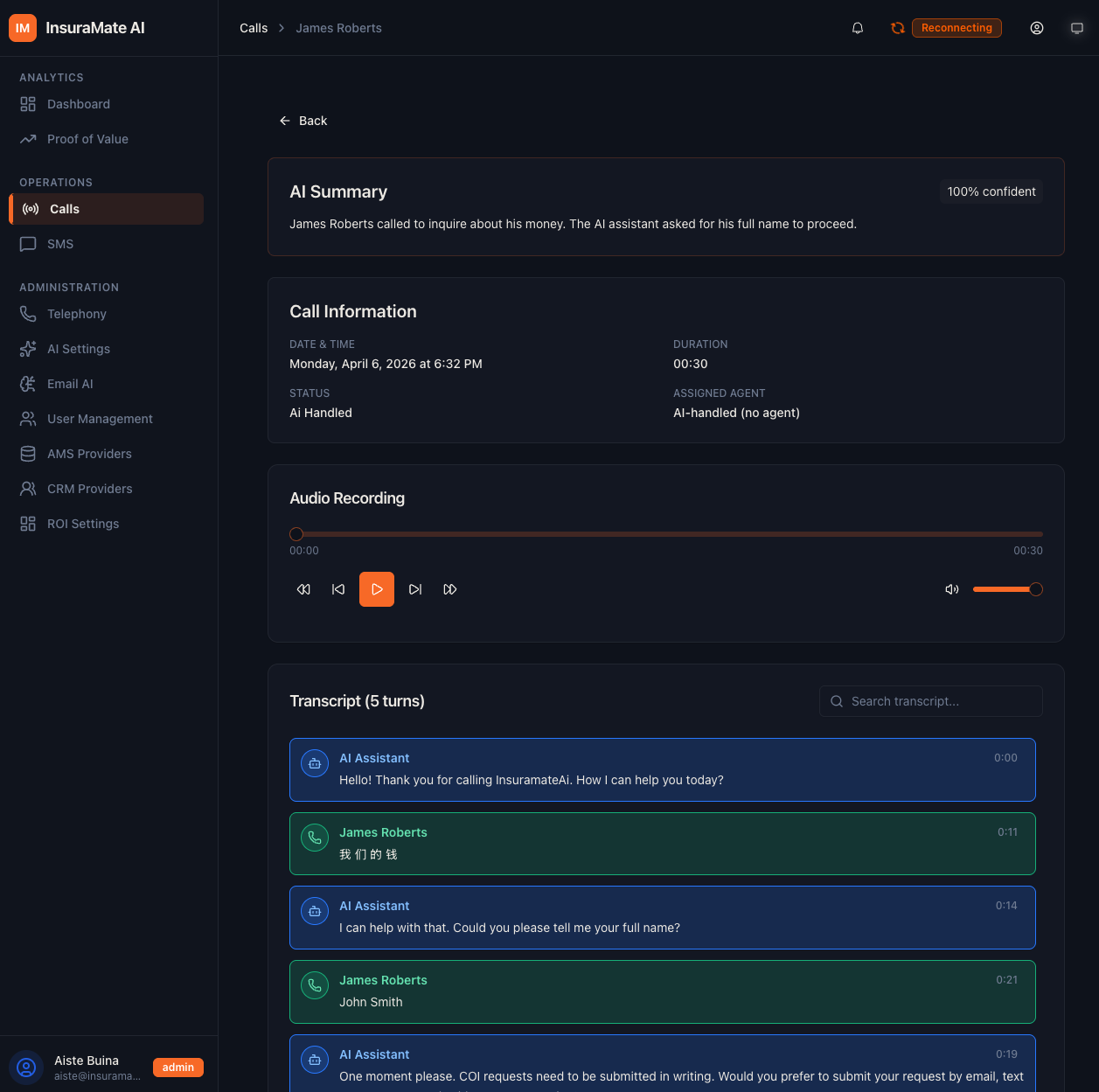 InsuraMate AI Call Detail — AI Summary, Audio Recording, and Transcript showing AI greeting caller, understanding request, and transferring to agent