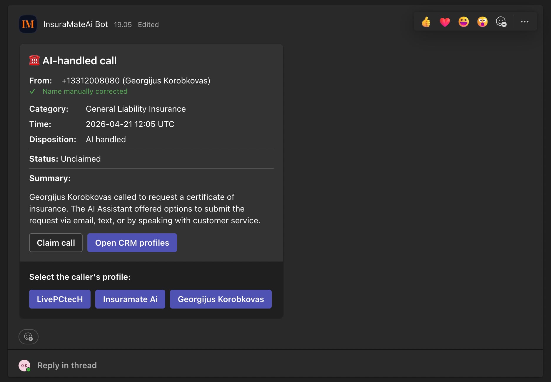 Microsoft Teams channel showing InsuraMateAi Bot posting AI-handled after-hours call cards with Claim call buttons